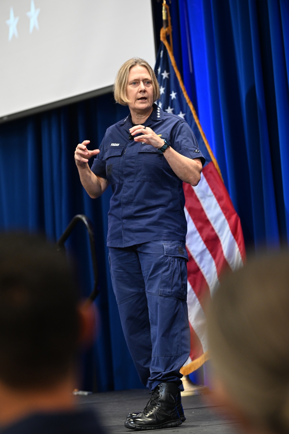 Commandant and Master Chief Petty Officer of the Coast Guard discuss service culture with crews in the greater Miami area