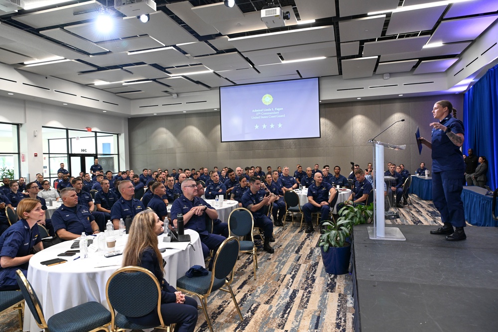 Commandant and Master Chief Petty Officer of the Coast Guard discuss service culture with crews in the greater Miami area