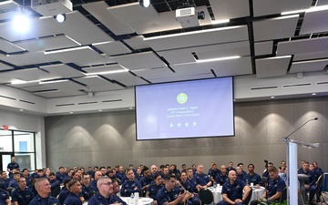 Commandant and Master Chief Petty Officer of the Coast Guard discuss service culture with crews in the greater Miami area