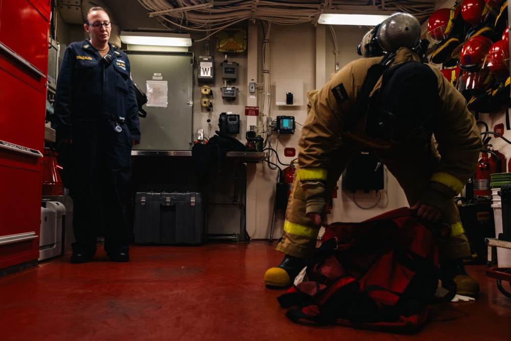 USS Gerald R. Ford (CVN 78) Damage Controlmen Demonstrate Firefighting Equpment to Reporters