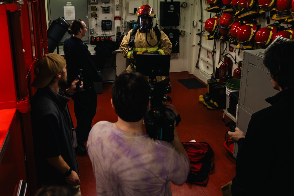 USS Gerald R. Ford (CVN 78) Damage Controlmen Demonstrate Firefighting Equpment to Reporters