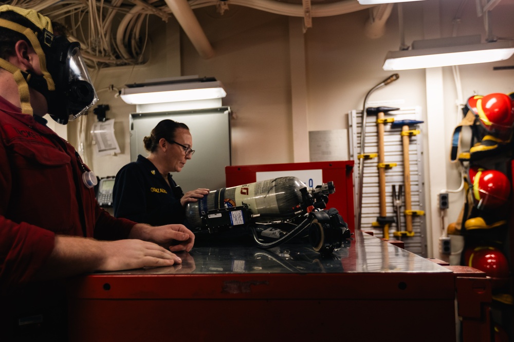 USS Gerald R. Ford (CVN 78) Damage Controlmen Demonstrate Firefighting Equpment to Reporters