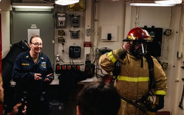 USS Gerald R. Ford (CVN 78) Damage Controlmen Demonstrate Firefighting Equpment to Reporters