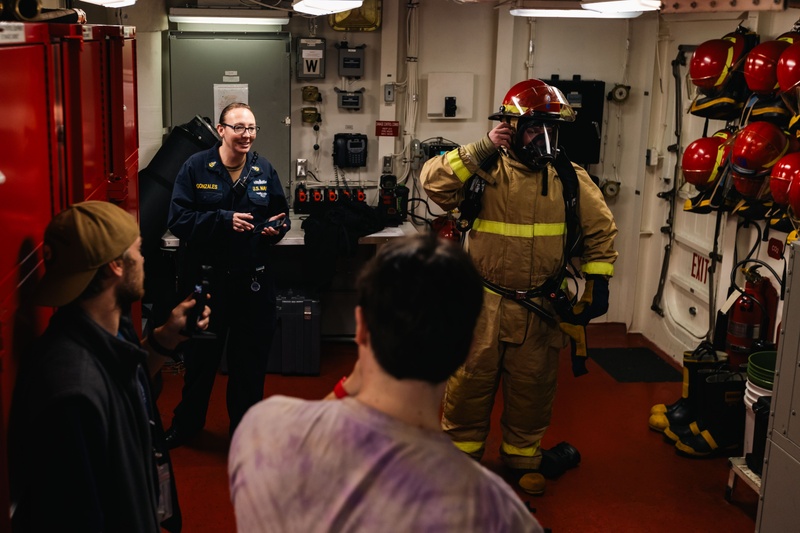 USS Gerald R. Ford (CVN 78) Damage Controlmen Demonstrate Firefighting Equpment to Reporters