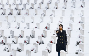 U.S. Army Band Bugler Sounds &quot;Taps&quot; Amid Snowstorm at Arlington