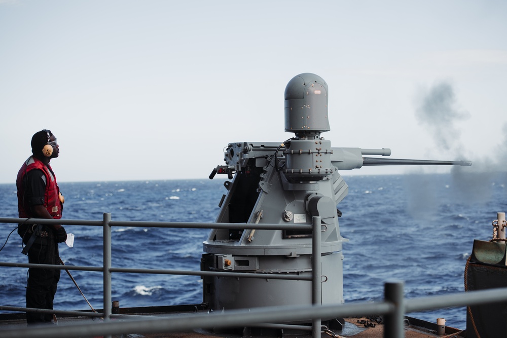 USS Ronald Reagan (CVN 76) fires Mk-38 machine gun