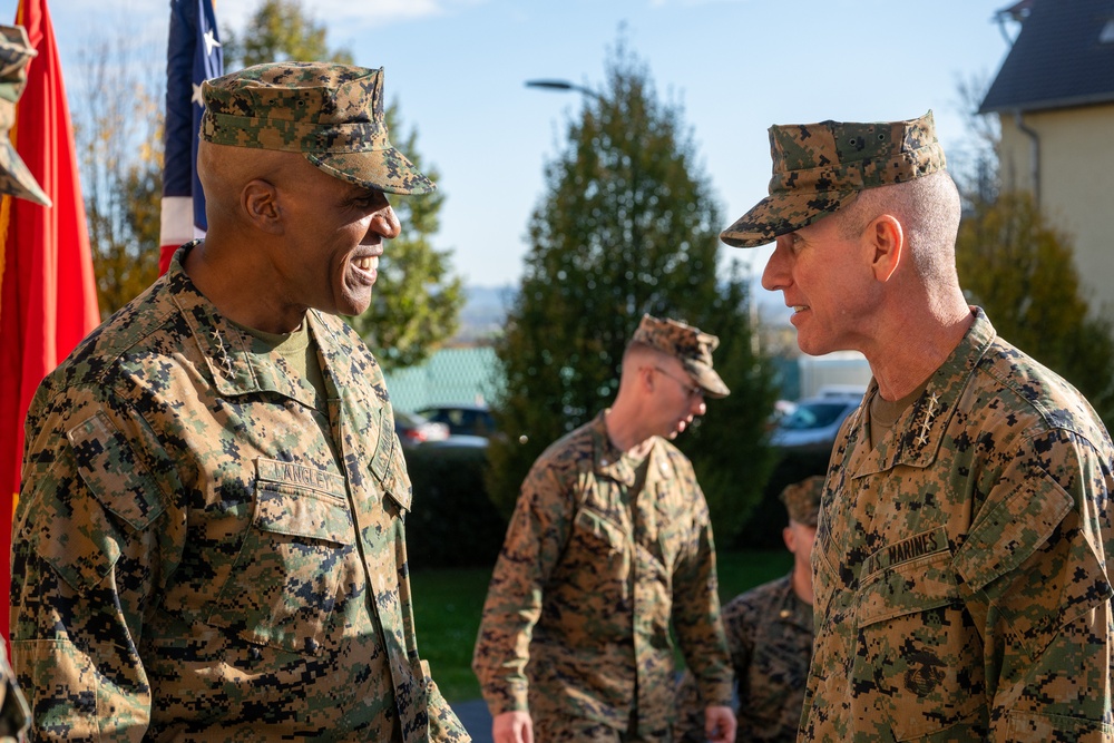 Commandant of the Marine Corps General Eric Smith visits with USAFRICOM and General Michael Langley on 28 Oct 2024 in Stuttgart Germany.