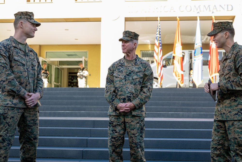 Commandant of the Marine Corps General Eric Smith visits with USAFRICOM and General Michael Langley on 28 Oct 2024 in Stuttgart Germany.