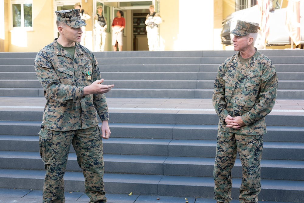 Commandant of the Marine Corps General Eric Smith visits with USAFRICOM and General Michael Langley on 28 Oct 2024 in Stuttgart Germany.