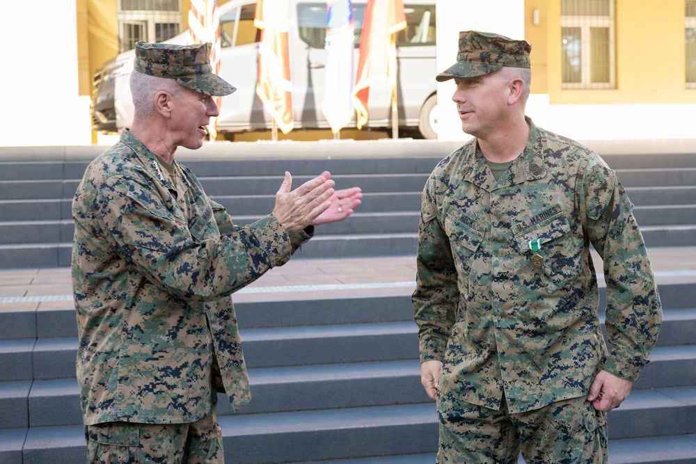 Commandant of the Marine Corps General Eric Smith visits with USAFRICOM and General Michael Langley on 28 Oct 2024 in Stuttgart Germany.