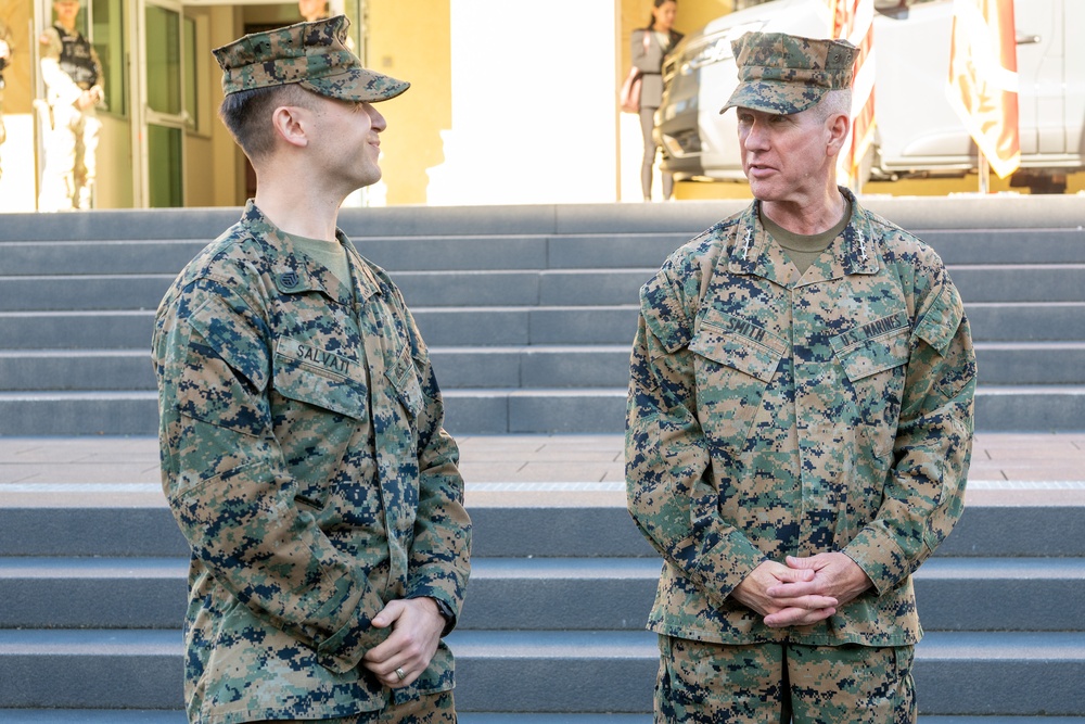 Commandant of the Marine Corps General Eric Smith visits with USAFRICOM and General Michael Langley on 28 Oct 2024 in Stuttgart Germany.