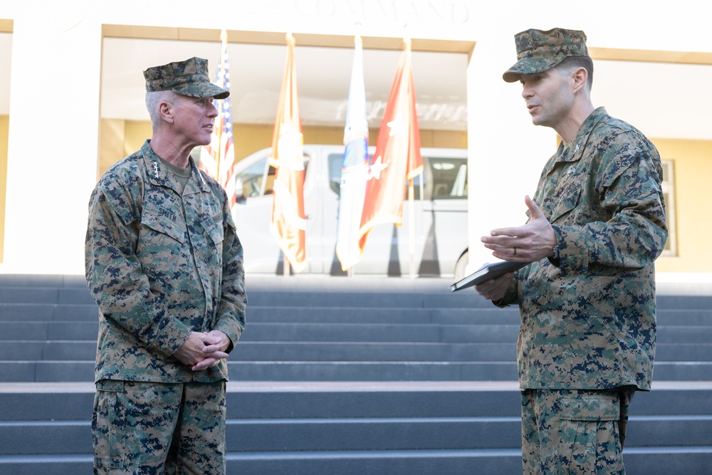 Commandant of the Marine Corps General Eric Smith visits with USAFRICOM and General Michael Langley on 28 Oct 2024 in Stuttgart Germany.