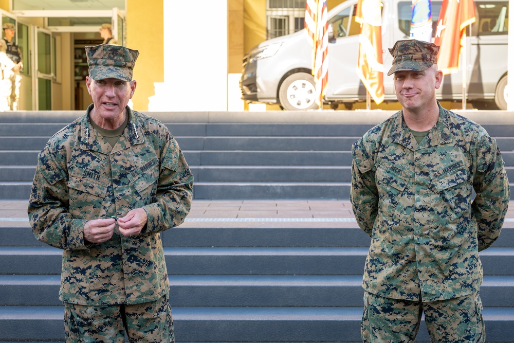 Commandant of the Marine Corps General Eric Smith visits with USAFRICOM and General Michael Langley on 28 Oct 2024 in Stuttgart Germany.