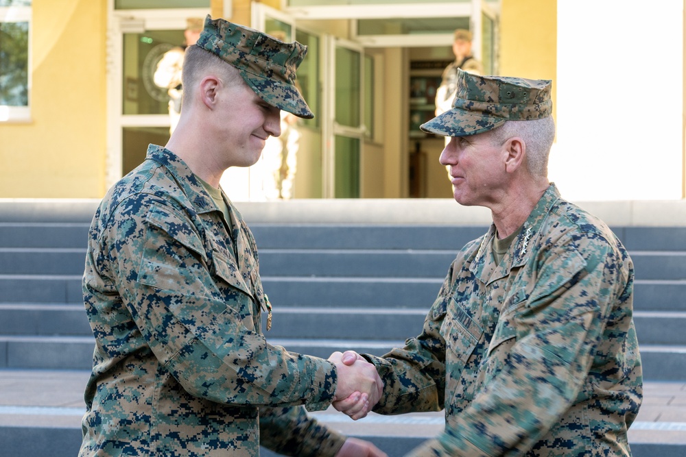 Commandant of the Marine Corps General Eric Smith visits with USAFRICOM and General Michael Langley on 28 Oct 2024 in Stuttgart Germany.