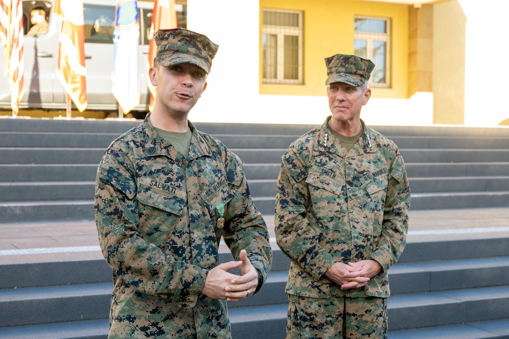 Commandant of the Marine Corps General Eric Smith visits with USAFRICOM and General Michael Langley on 28 Oct 2024 in Stuttgart Germany.