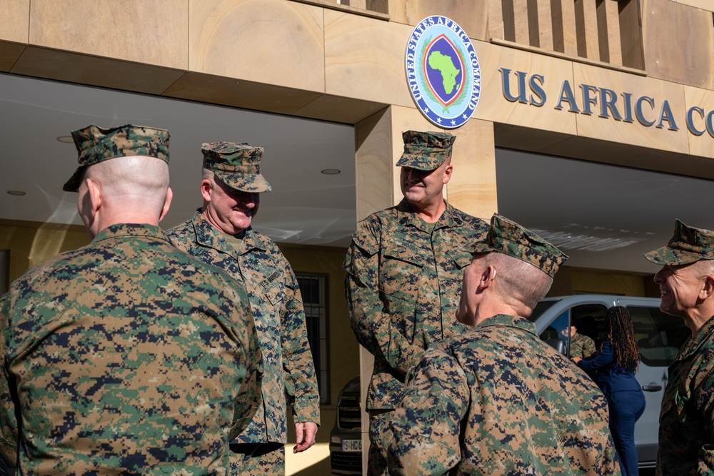 Commandant of the Marine Corps General Eric Smith visits with USAFRICOM and General Michael Langley on 28 Oct 2024 in Stuttgart Germany.