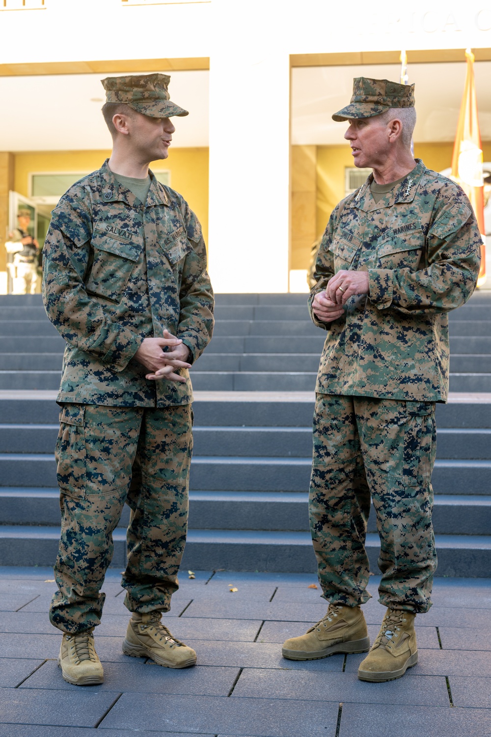 Commandant of the Marine Corps General Eric Smith visits with USAFRICOM and General Michael Langley on 28 Oct 2024 in Stuttgart Germany.