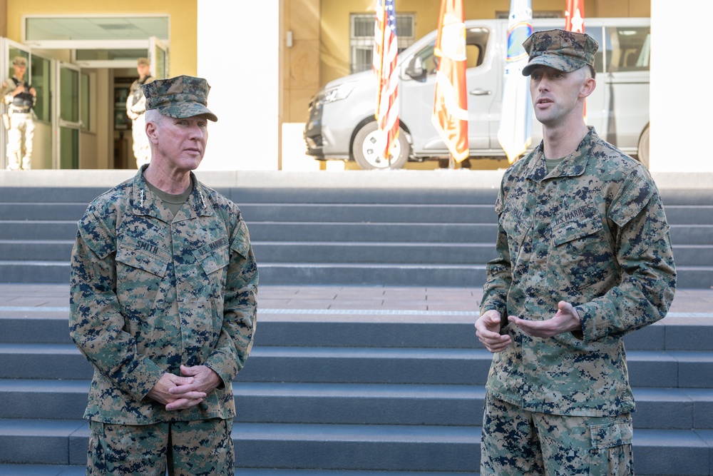 Commandant of the Marine Corps General Eric Smith visits with USAFRICOM and General Michael Langley on 28 Oct 2024 in Stuttgart Germany.