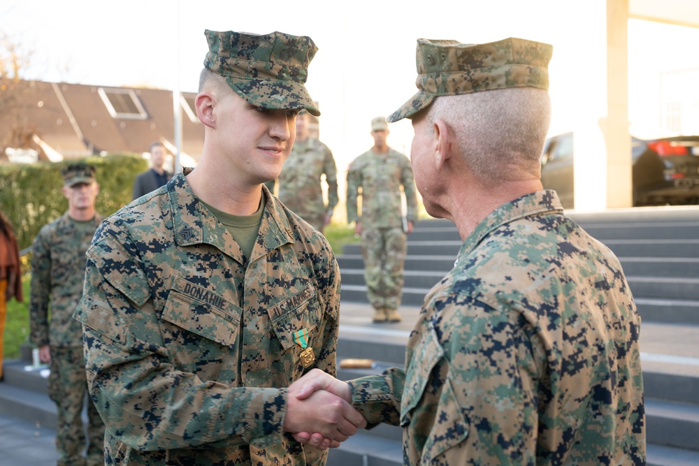 Commandant of the Marine Corps General Eric Smith visits with USAFRICOM and General Michael Langley on 28 Oct 2024 in Stuttgart Germany.