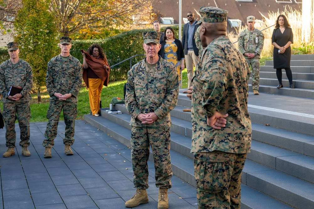 Commandant of the Marine Corps General Eric Smith visits with USAFRICOM and General Michael Langley on 28 Oct 2024 in Stuttgart Germany.