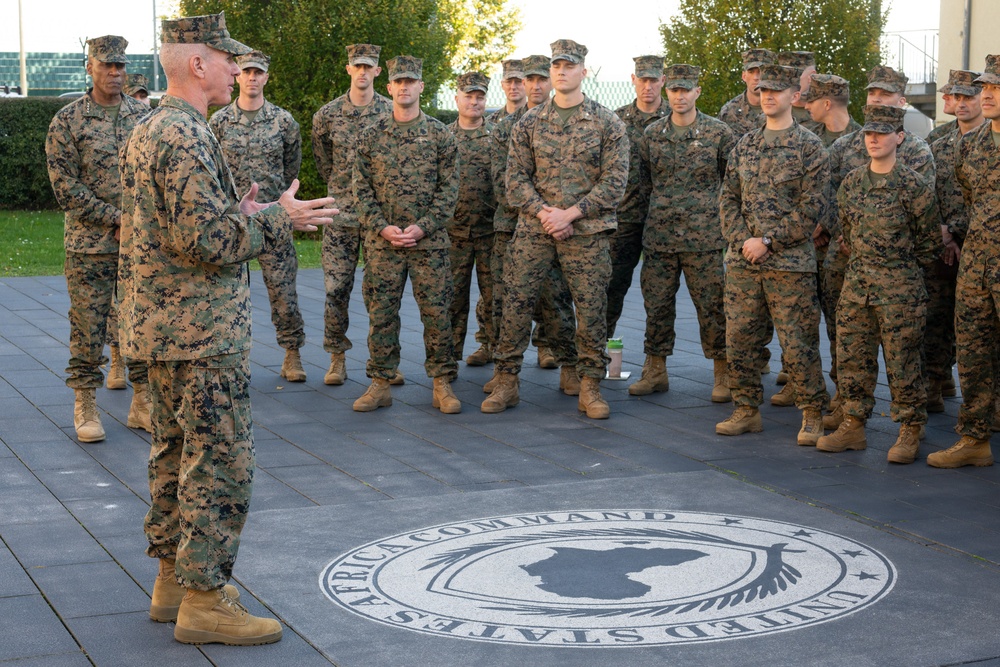 Commandant of the Marine Corps General Eric Smith visits with USAFRICOM and General Michael Langley on 28 Oct 2024 in Stuttgart Germany.