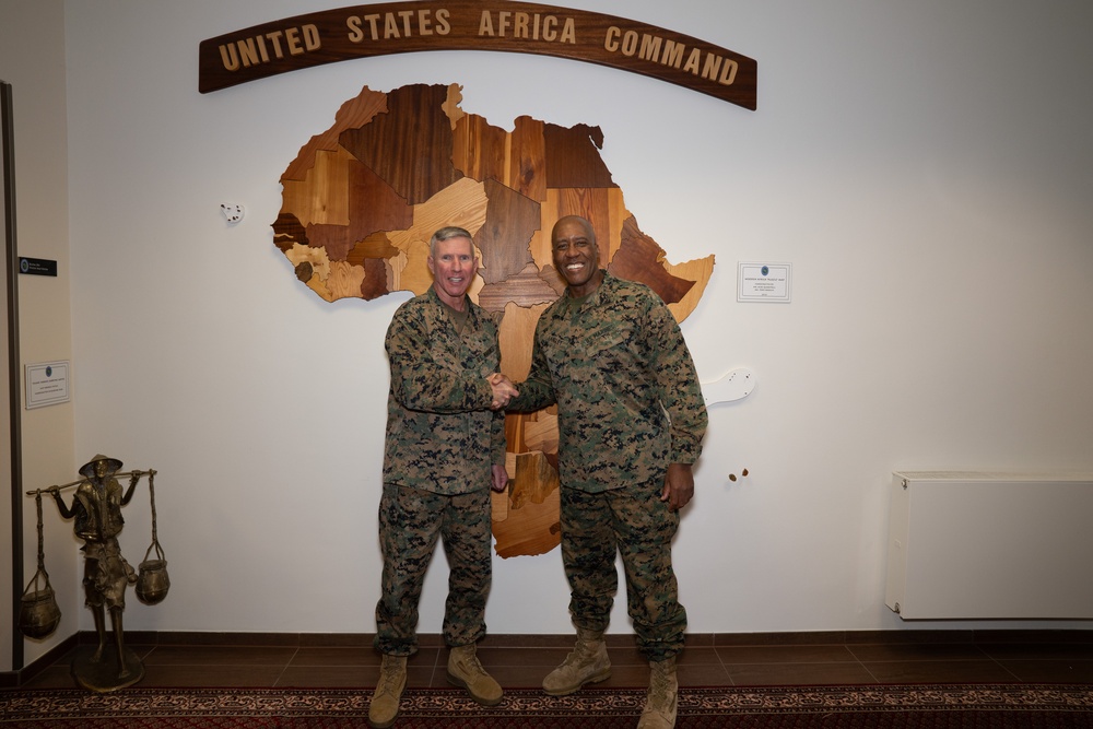 Commandant of the Marine Corps General Eric Smith visits with USAFRICOM and General Michael Langley on 28 Oct 2024 in Stuttgart Germany.