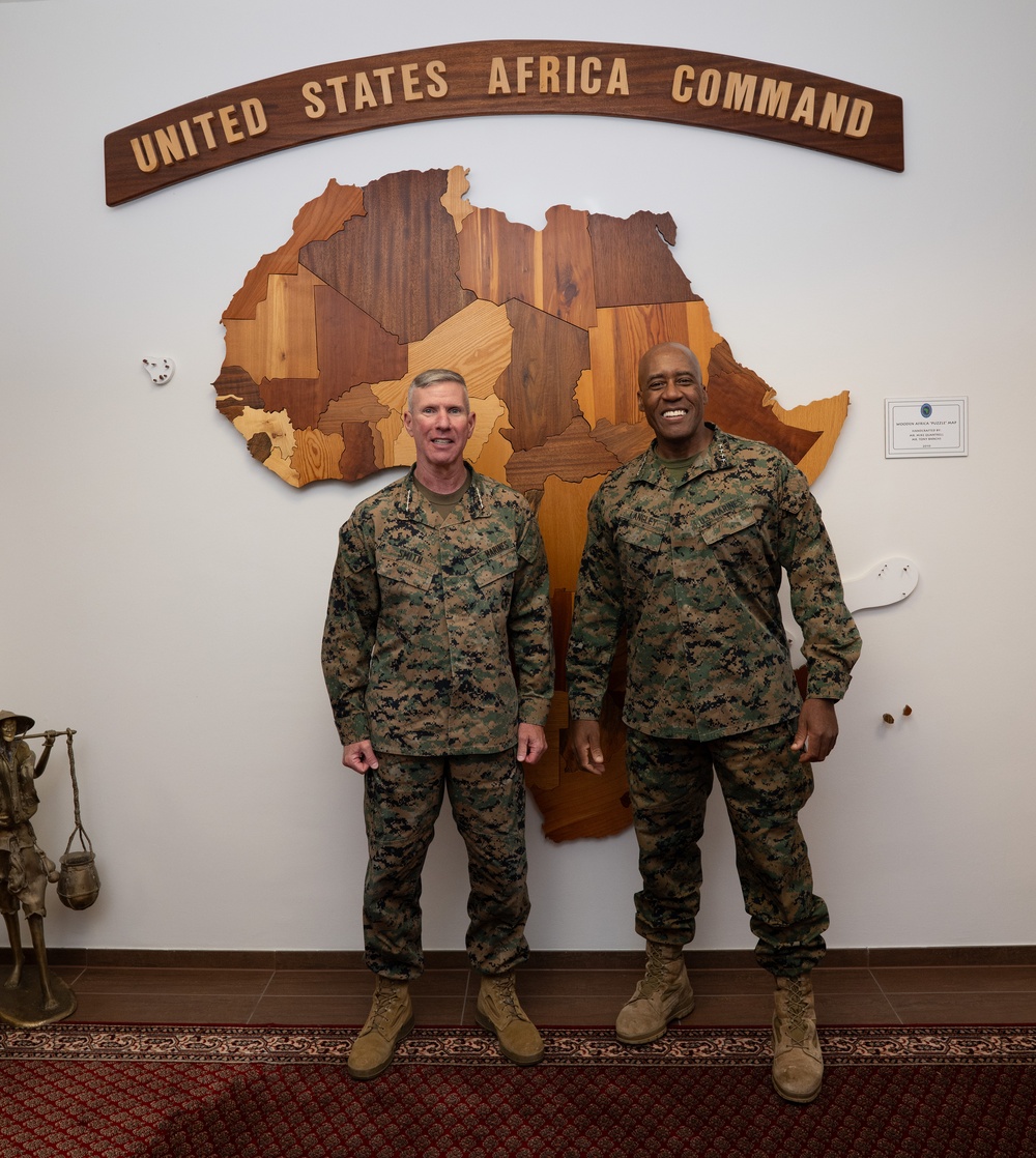 Commandant of the Marine Corps General Eric Smith visits with USAFRICOM and General Michael Langley on 28 Oct 2024 in Stuttgart Germany.