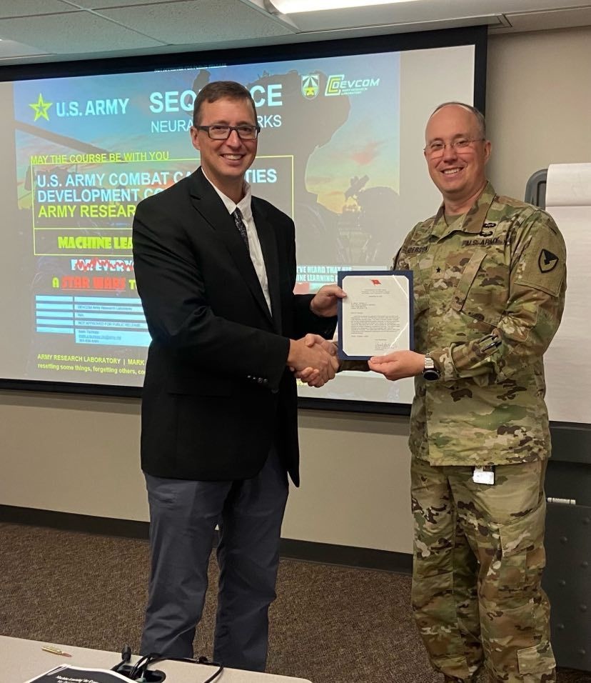 Brig. Gen Ronnie Anderson Jr., JMC’s commander, recognized Dr. Tschopp for sharing his AI and ML knowledge to the RIA and JMC workforce.