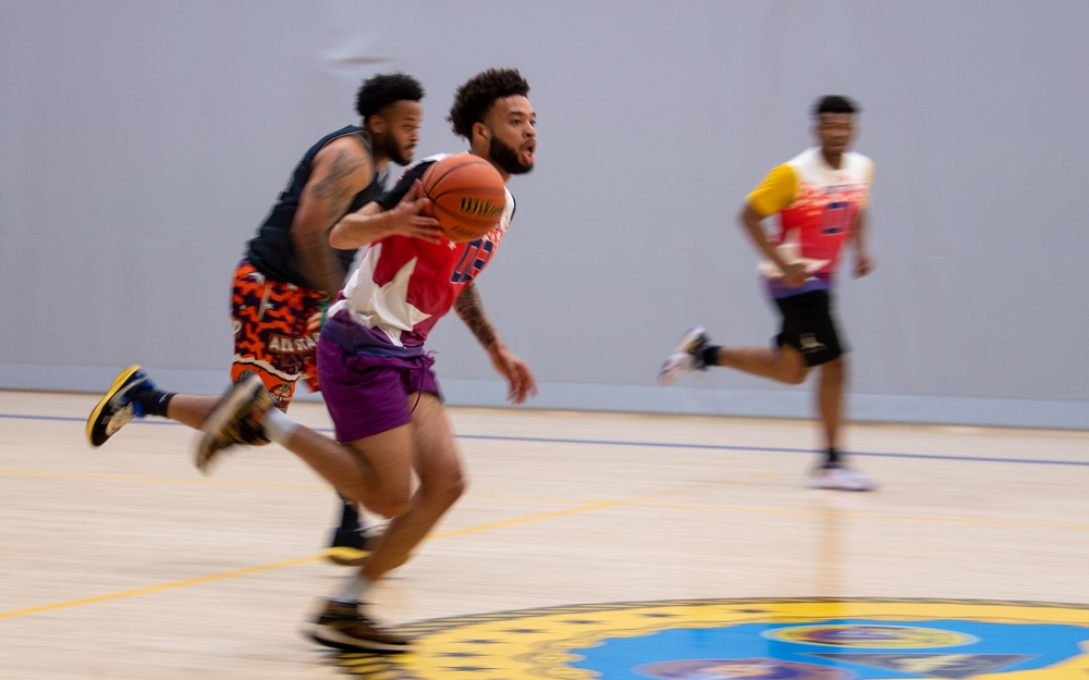 USS Ronald Reagan (CVN 76) Sailors participate in a basketball game hosted by MWR