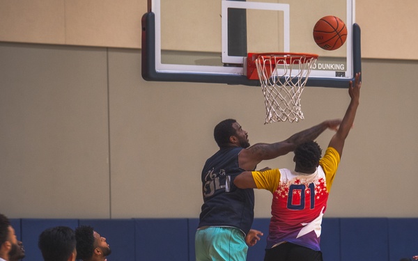 USS Ronald Reagan (CVN 76) Sailors participate in a basketball game hosted by MWR