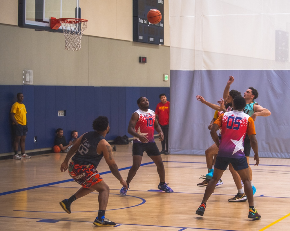 USS Ronald Reagan (CVN 76) Sailors participate in a basketball game hosted by MWR