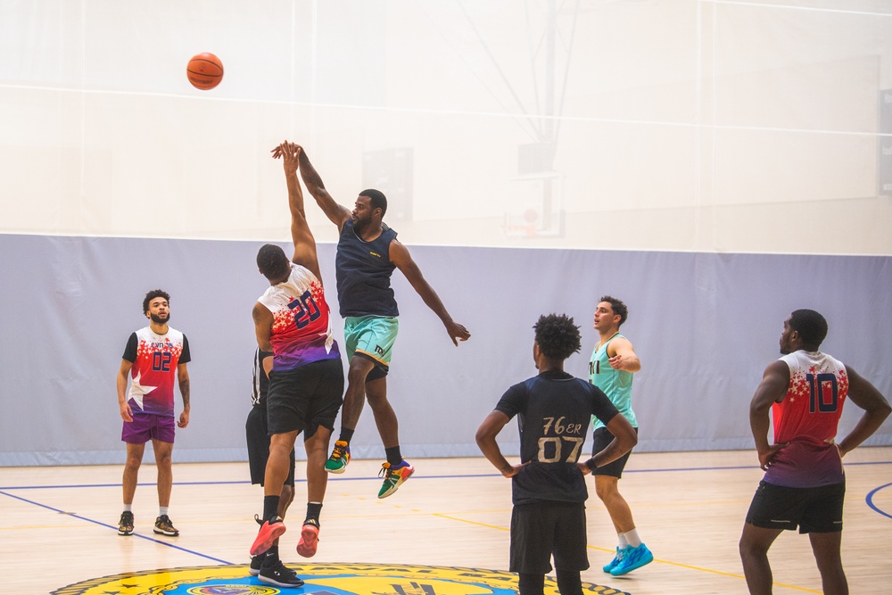 USS Ronald Reagan (CVN 76) Sailors participate in a basketball game hosted by MWR