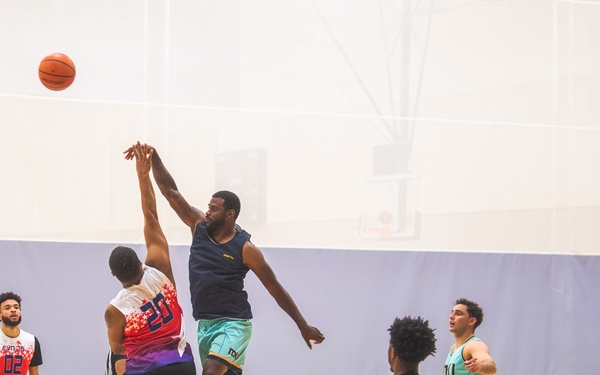 USS Ronald Reagan (CVN 76) Sailors participate in a basketball game hosted by MWR