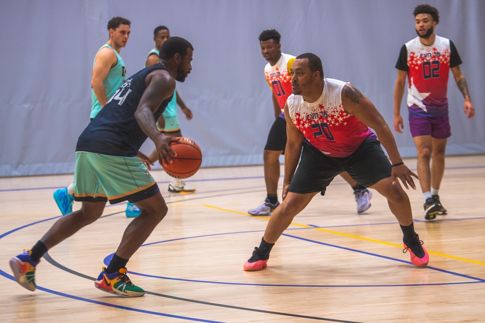 USS Ronald Reagan (CVN 76) Sailors participate in a basketball game hosted by MWR