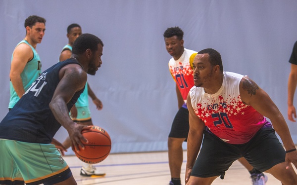 USS Ronald Reagan (CVN 76) Sailors participate in a basketball game hosted by MWR