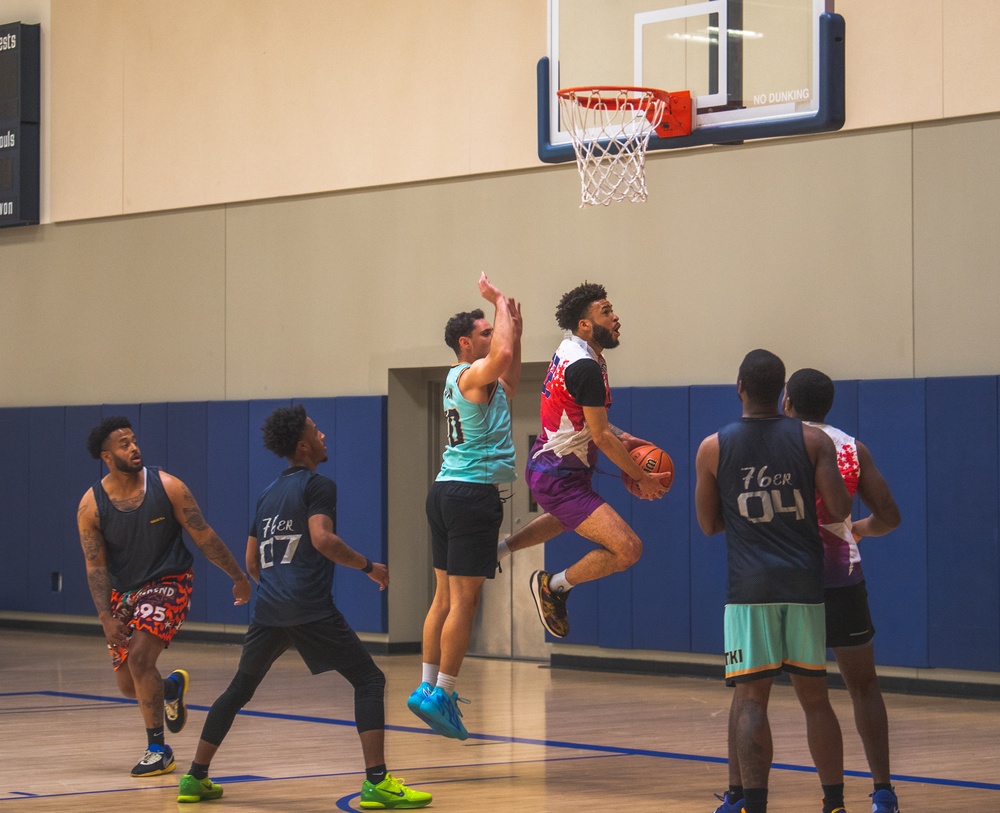USS Ronald Reagan (CVN 76) Sailors participate in a basketball game hosted by MWR