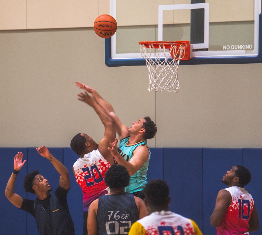 USS Ronald Reagan (CVN 76) Sailors participate in a basketball game hosted by MWR