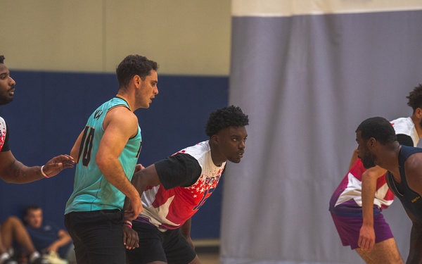 USS Ronald Reagan (CVN 76) Sailors participate in a basketball game hosted by MWR