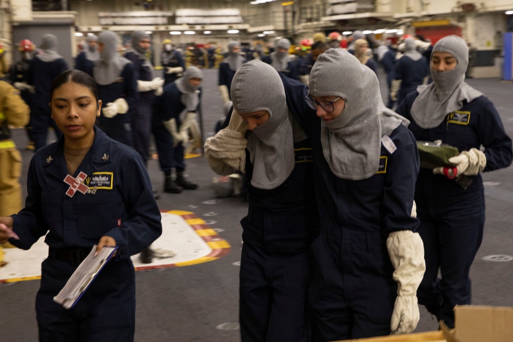 USS Tripoli Conducts a General Quarters Drill