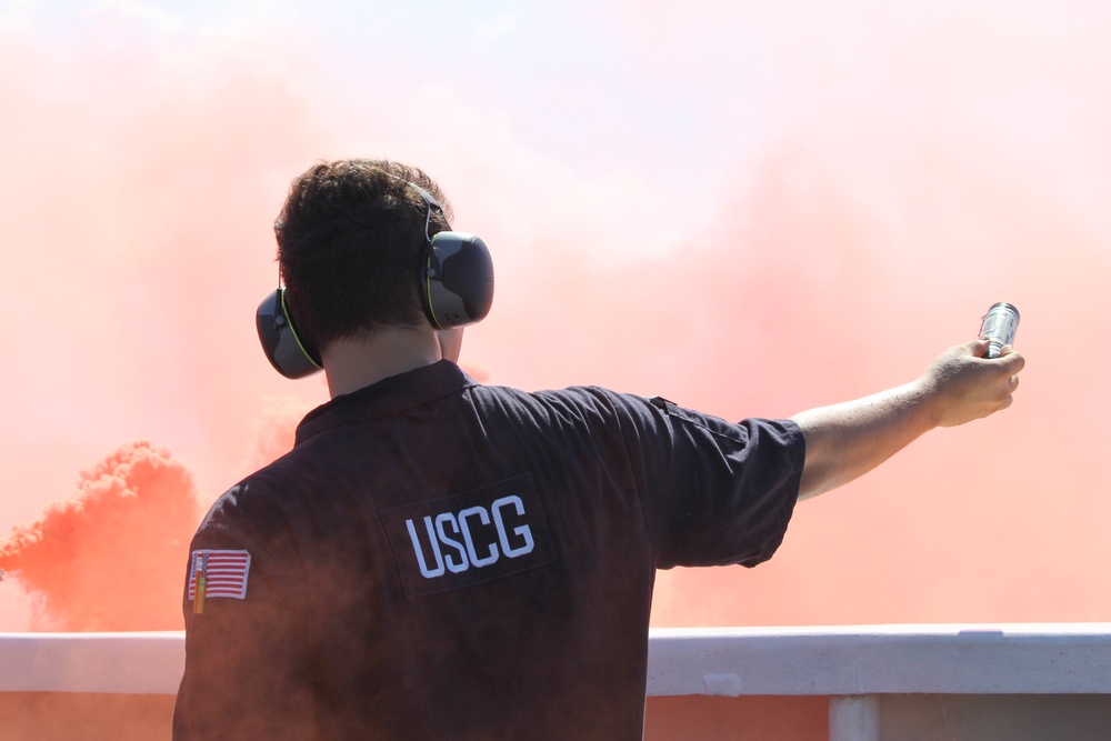 Coast Guard Cutter Reliance conducts pyrotechnic training at sea