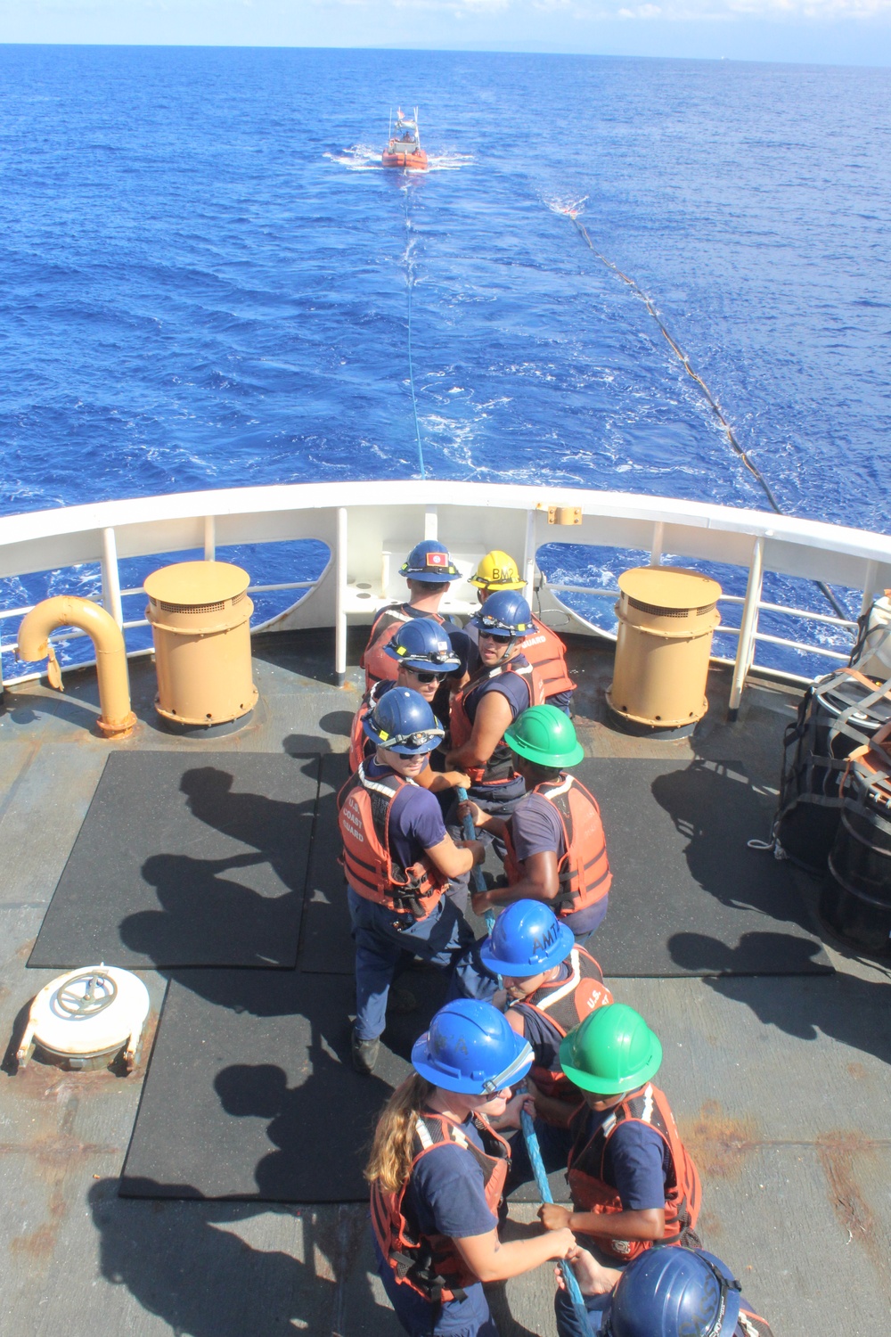 Coast Guard Cutter Reliance conducts towing exercise at sea