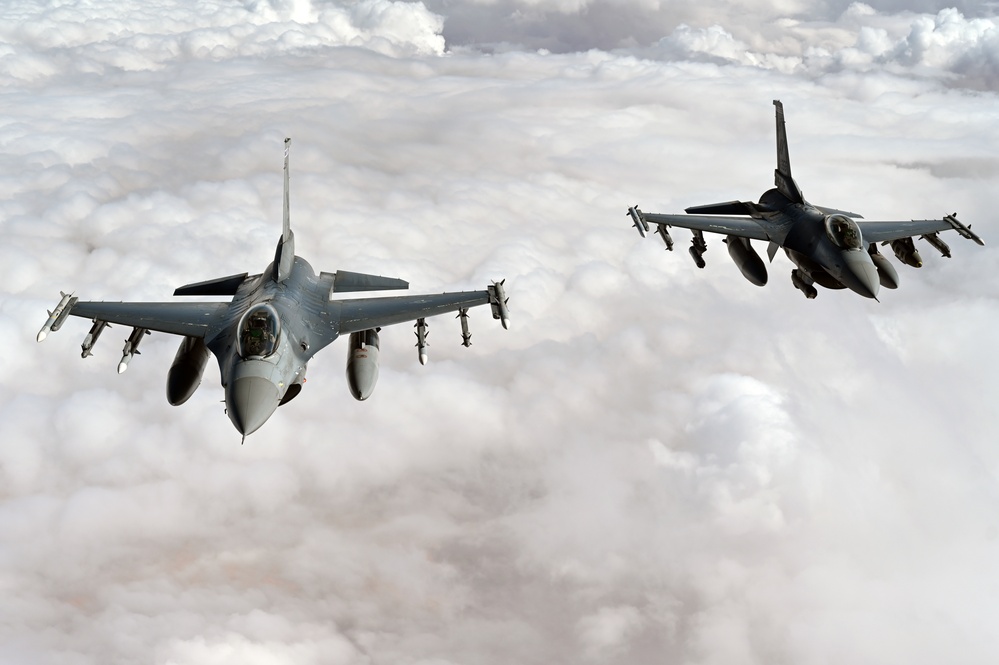 U.S. F-16 Fighting Falcons conduct operations in the CENTCOM AOR