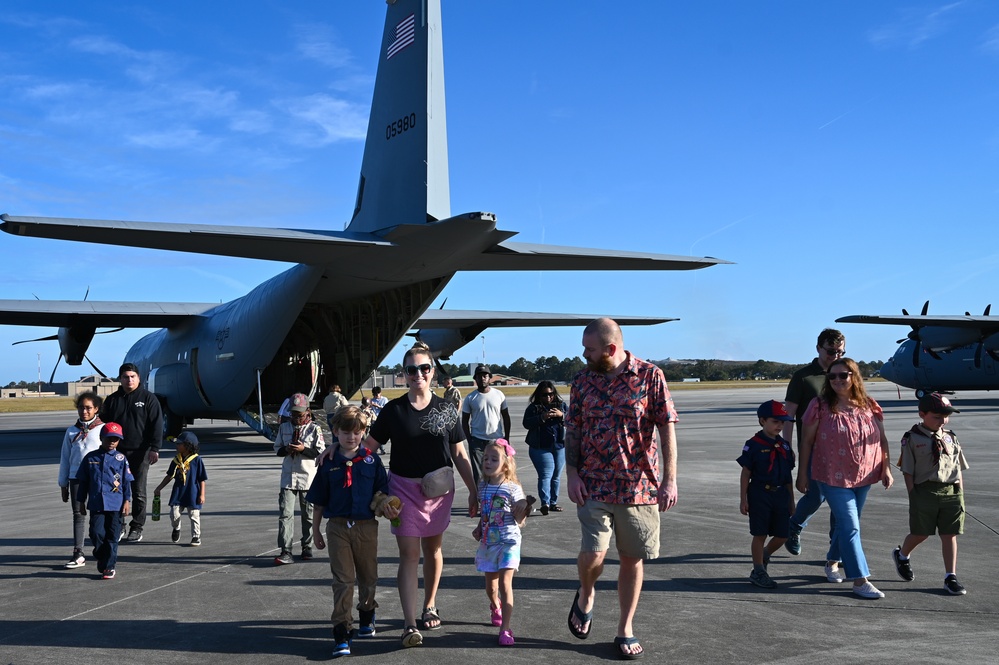 Cub Scout Pack 527 learns about the 165th Airlift Wing's airlift mission