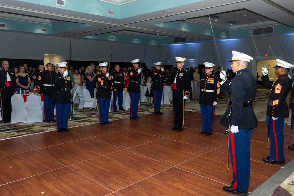 Marines with Marine Corps Combat Service Support Schools celebrate the 249th birthday of the Marine Corps