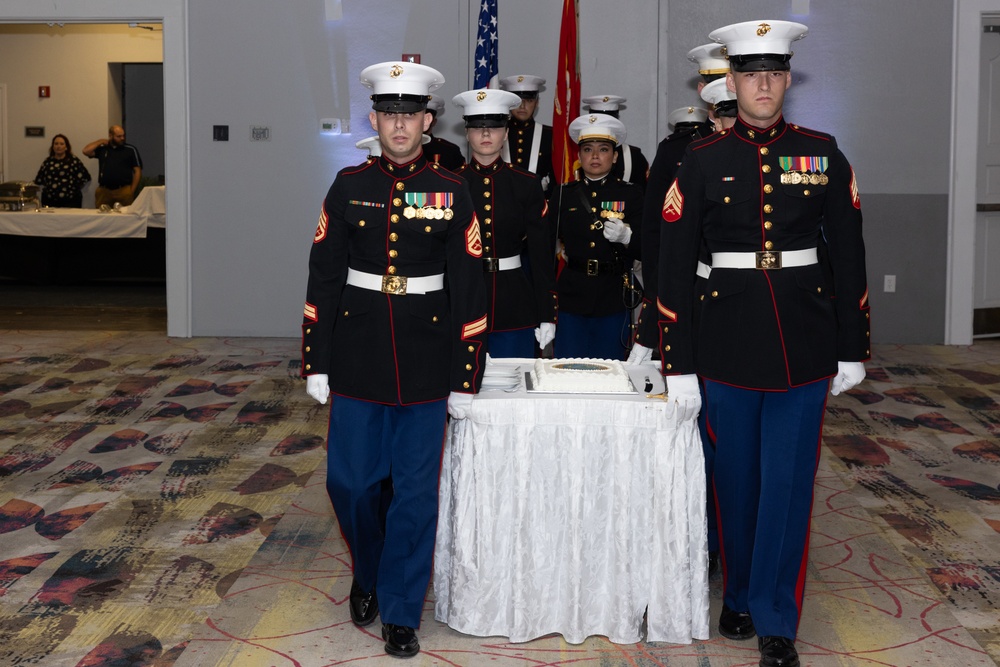 Marines with Marine Corps Combat Service Support Schools celebrate the 249th birthday of the Marine Corps