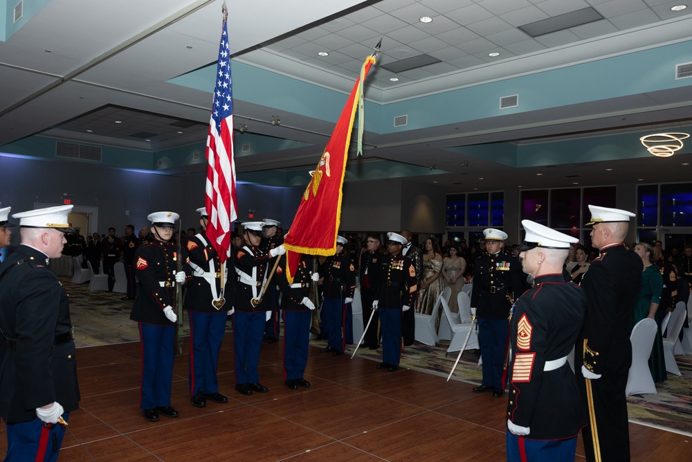 Marines with Marine Corps Combat Service Support Schools celebrate the 249th birthday of the Marine Corps