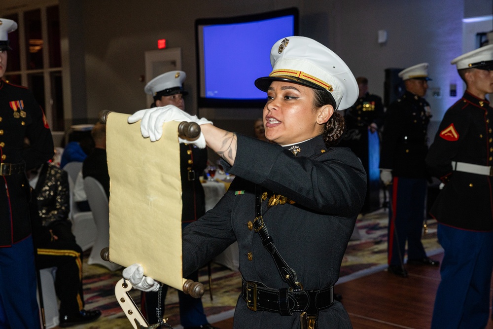 Marines with Marine Corps Combat Service Support Schools celebrate the 249th birthday of the Marine Corps