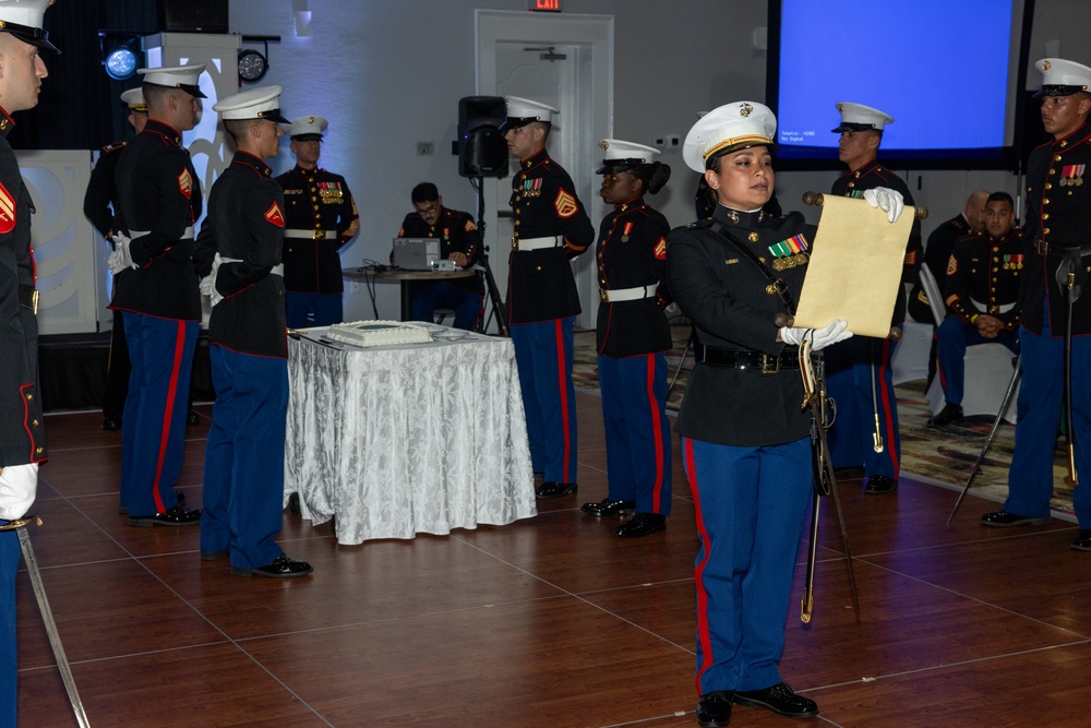 Marines with Marine Corps Combat Service Support Schools celebrate the 249th birthday of the Marine Corps