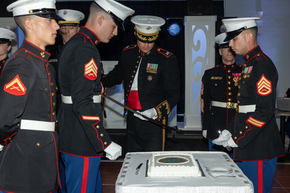 Marines with Marine Corps Combat Service Support Schools celebrate the 249th birthday of the Marine Corps