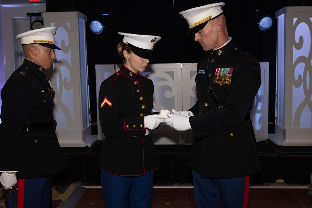 Marines with Marine Corps Combat Service Support Schools celebrate the 249th birthday of the Marine Corps